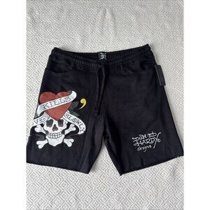 Ed Hardy Love Kills Slowly Shorts Mens Large Fleece Black Tattoo Design NWT